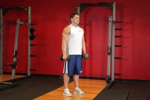 Breeding hands with dumbbells in hand standing