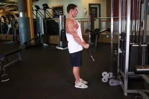 the Bending of the arms at the biceps on the lower block with a rope handle