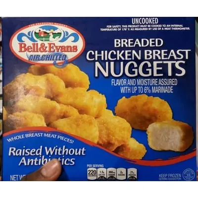 Calorie Breaded chicken breast nuggets cooked in a convection oven. Chemical composition and nutritional value.