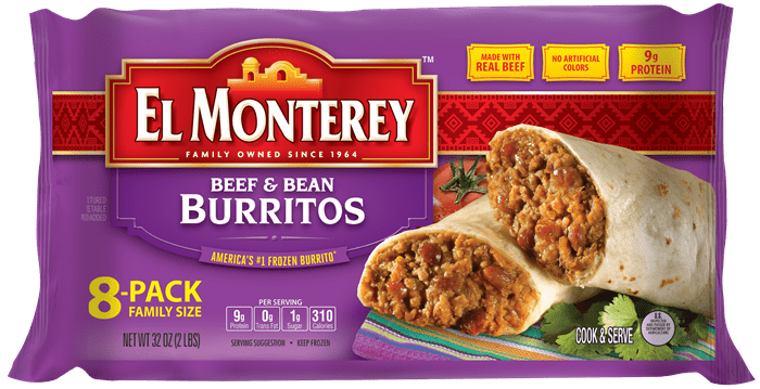 Calorie Buritto, beef and beans, frozen. Chemical composition and nutritional value.