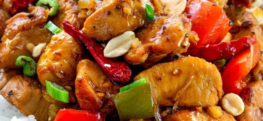 Kalorijų vištiena, vištiena, „Kung Pao“, kinų restoranas. Cheminė sudėtis ir maistinė vertė.