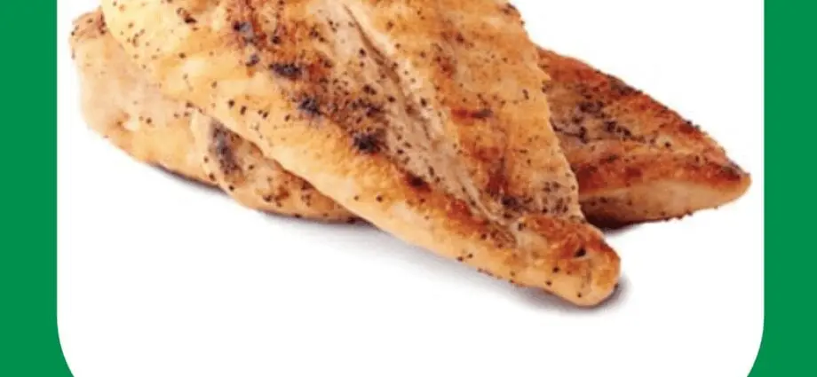 Calorie content Fried chicken meat, quickly frozen. Chemical composition and nutritional value.