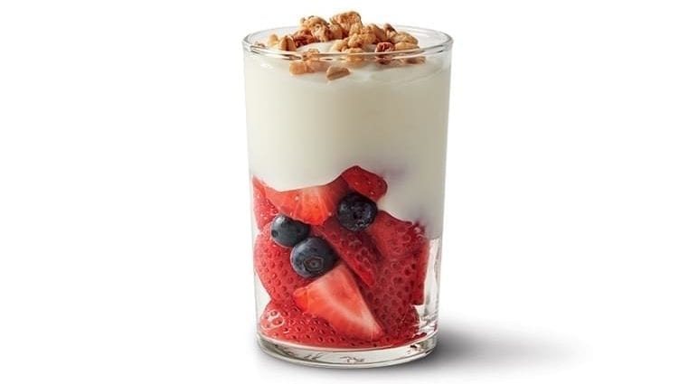 Calorie content McDONALD&#8217;S, yoghurt-fruity Parfait (without granola). Chemical composition and nutritional value.