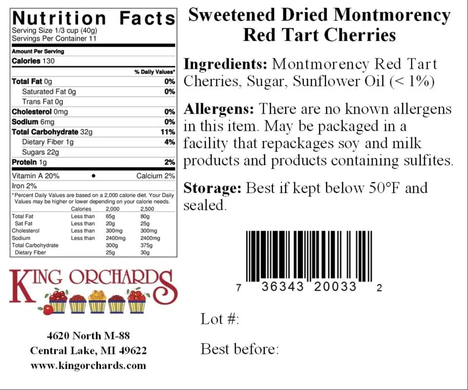 Calorie content Montmorency cherry, dried, sweetened. Chemical composition and nutritional value.