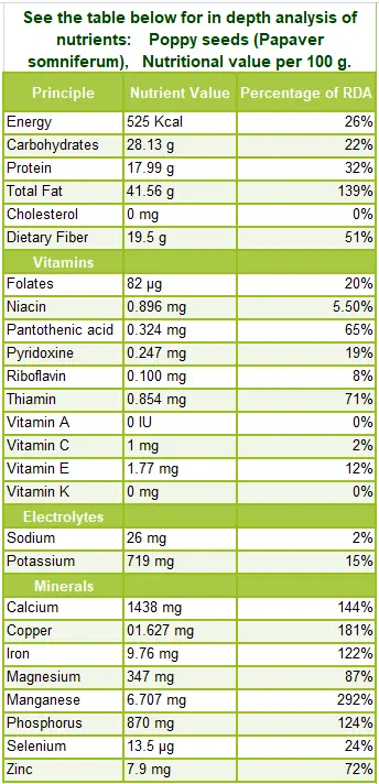 Calorie content Poppy seed. Chemical composition and nutritional value.