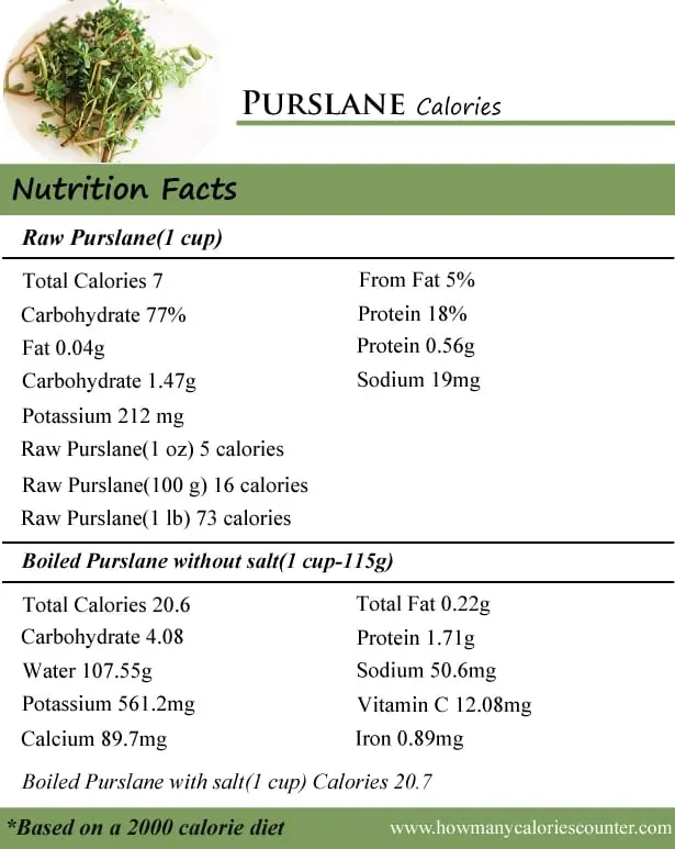 Calorie content Purslane, boiled, no salt. Chemical composition and nutritional value.