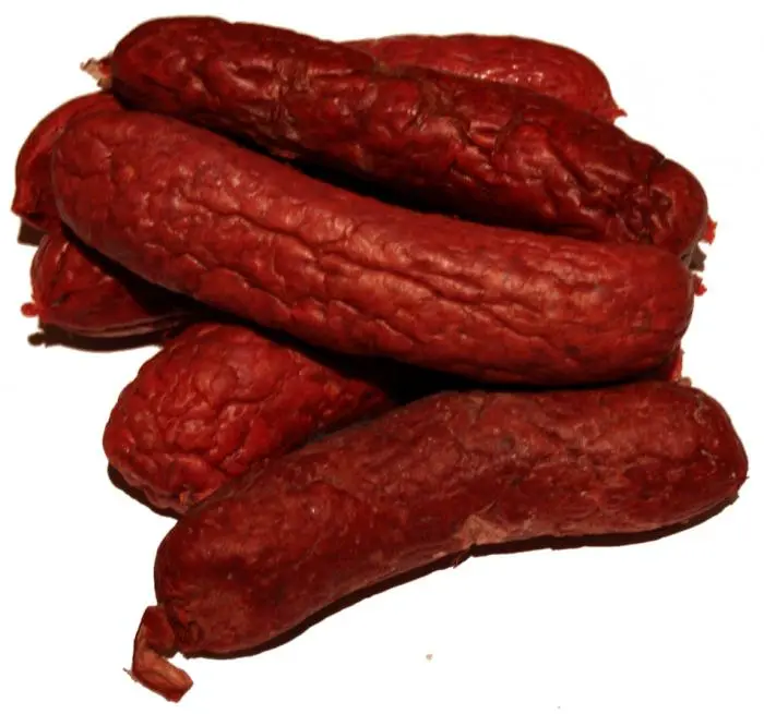 Calorie content Raw smoked granular sausage. Chemical composition and nutritional value.