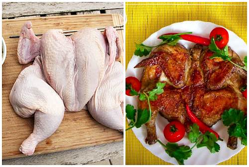 卡路里含量烤鸡肉，每片2-20。 化学成分和营养价值。