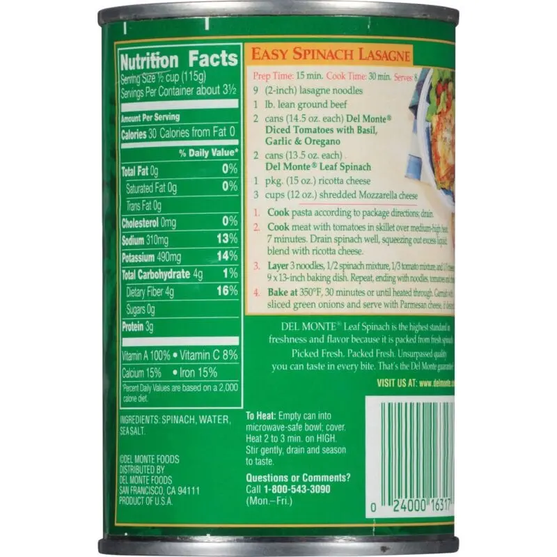 Calorie content Spinach, canned, standard packing. Chemical composition and nutritional value.