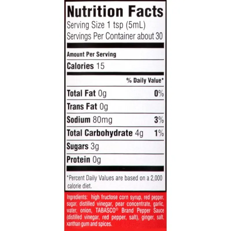 Calorie content Tabasco sauce with hot pepper. Chemical composition and nutritional value.