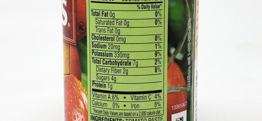 Hàm lượng calo Tương cà chua, đóng hộp, không muối. Thành phần hóa học và giá trị dinh dưỡng.