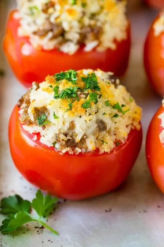 Calorie content Tomatoes (tomatoes) stuffed with rice and carrots 1-262 each. Chemical composition and nutritional value.