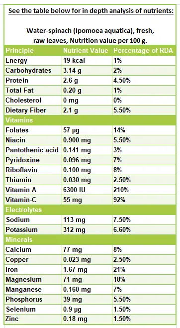 Calorie content Water spinach (kale). Chemical composition and nutritional value.