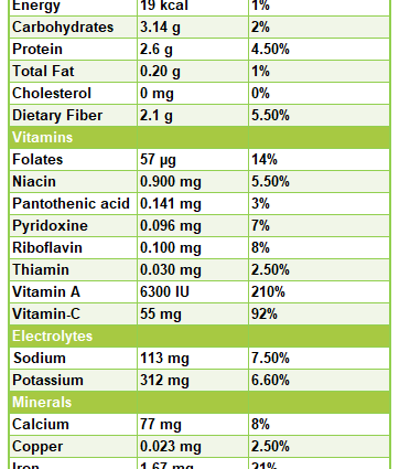 Calorie content Water spinach (marsh cabbage) boiled, with salt. Chemical composition and nutritional value.