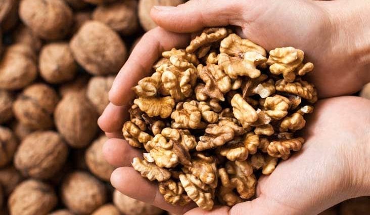 Isi kalori Kacang walnut (matai), mentah. Komposisi kimiawi dan nilai gizi.