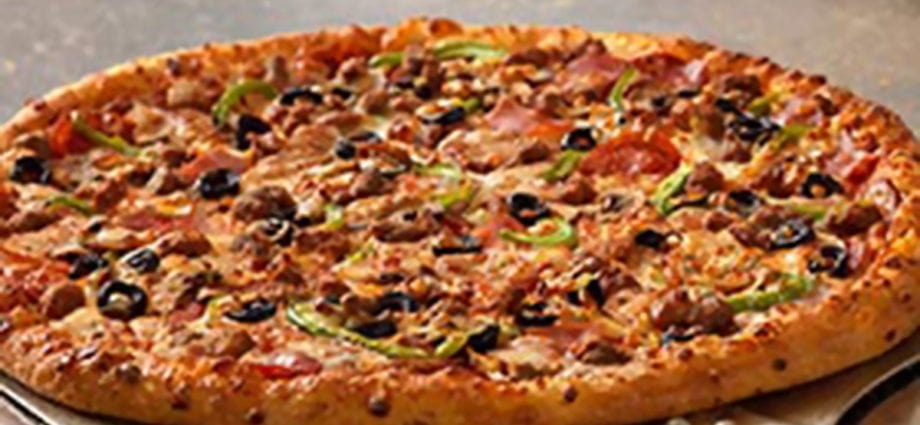 Calorie DOMINO&#8217;S, “EXTRAVAGANZZA FEAST” pizza, on a classic hand-formed crust, 14 inches. Chemical composition and nutritional value.