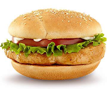 Kalori Fast food, ızgara toyuq filesi sendviçi, kahı, pomidor və mayonez. Kimyəvi tərkibi və qida dəyəri.