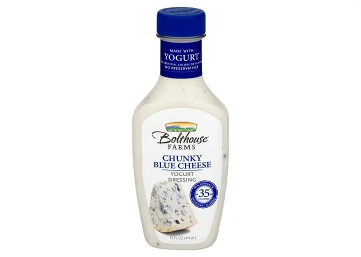 Calorie Salad dressing with blue or Roquefort cheese, low in calories. Chemical composition and nutritional value.