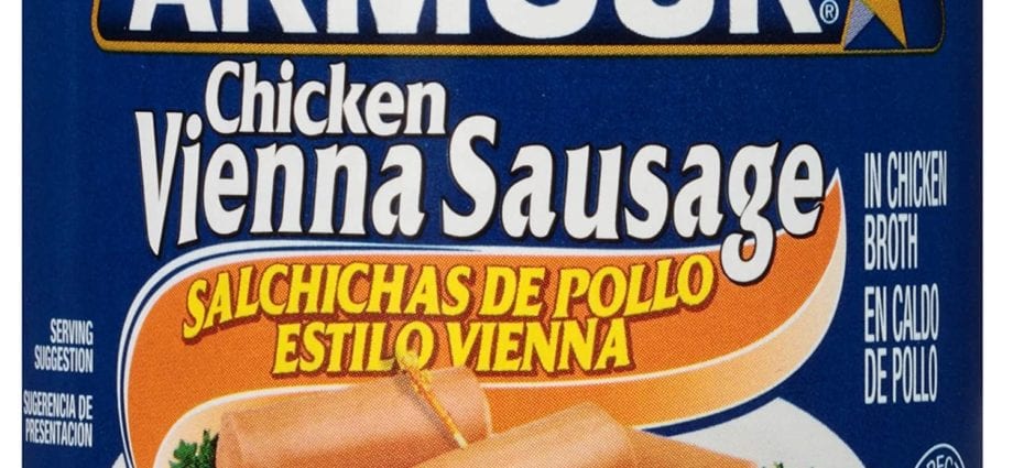 Calorie Sausages, Viennese, canned, chicken, beef, and pork. Chemical composition and nutritional value.