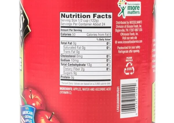 Calories Applesauce, canned, unsweetened, with added ascorbic acid. Chemical composition and nutritional value.