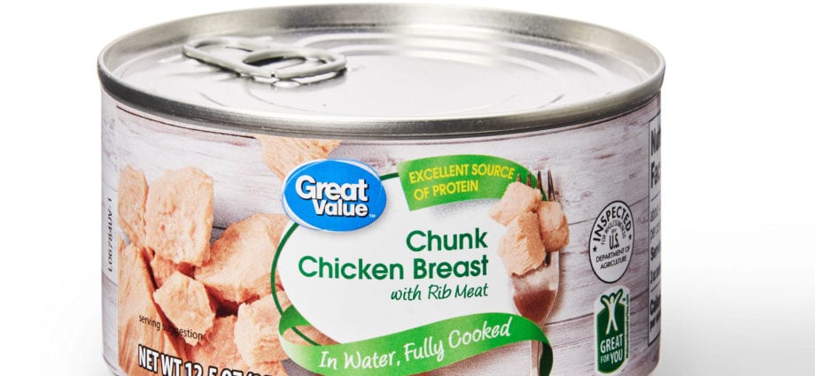 Calorie Chicken, canned, meat only, dry product. Chemical composition and nutritional value.