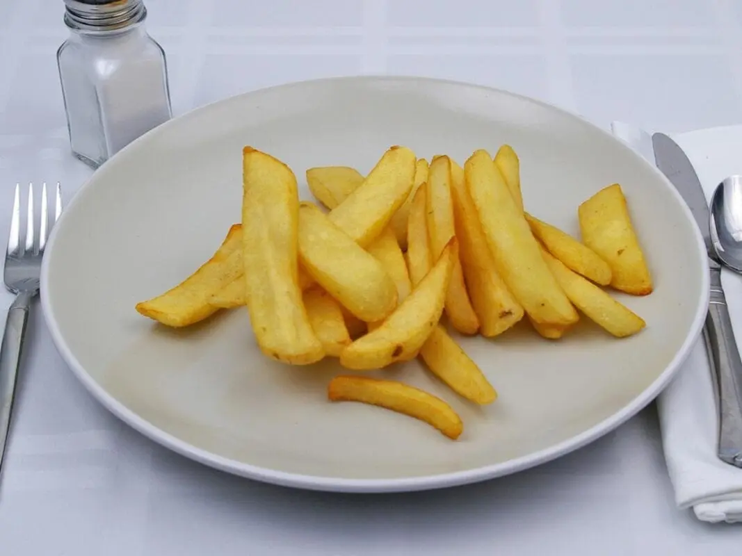 Calories French fries with steak, with salt added during frying, frozen, after cooking in the oven. Chemical composition and nutritional value.