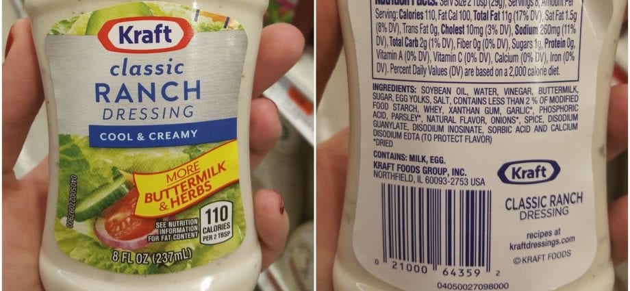 Calories Low-calorie creamy dressing made with sour cream and / or buttermilk and butter. Chemical composition and nutritional value.