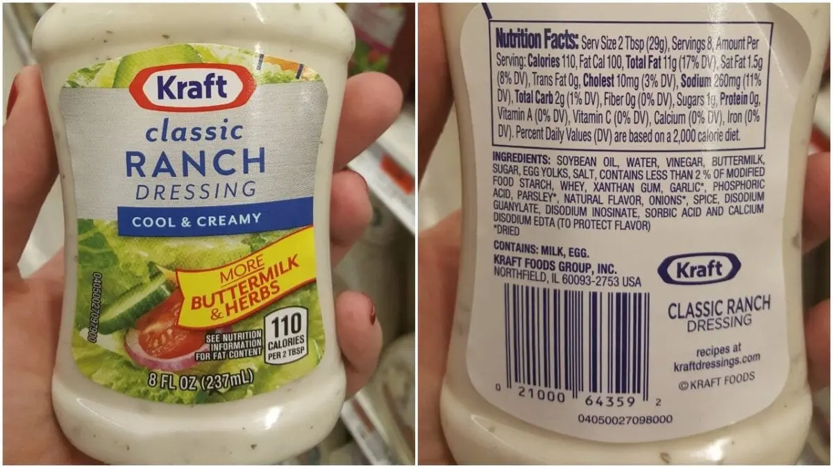 Calories Low-calorie creamy dressing made with sour cream and / or buttermilk and butter. Chemical composition and nutritional value.