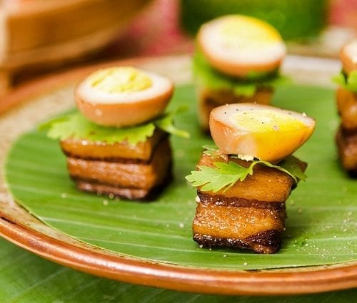Canape recipe with boiled pork and ham. Calorie, chemical composition and nutritional value.