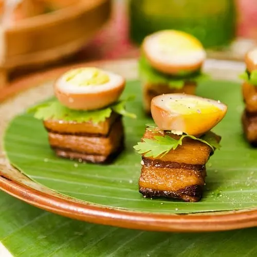 Canape recipe with boiled pork and ham. Calorie, chemical composition and nutritional value.