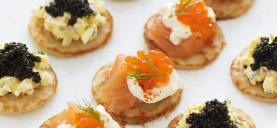 Canape recipe with caviar and stellate sturgeon. Calorie, chemical composition and nutritional value.