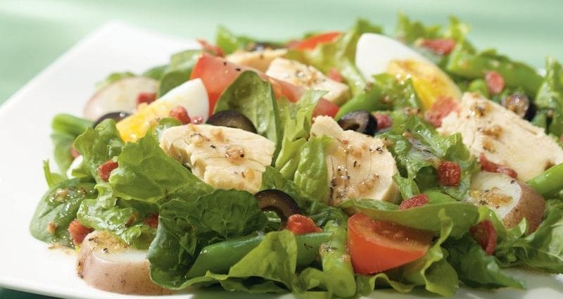 French salad recipe. Calorie, chemical composition and nutritional value.