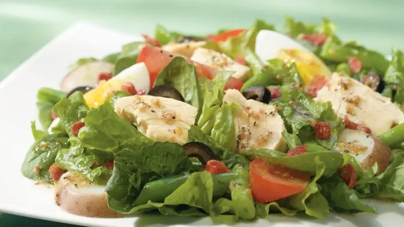 French salad recipe. Calorie, chemical composition and nutritional value.