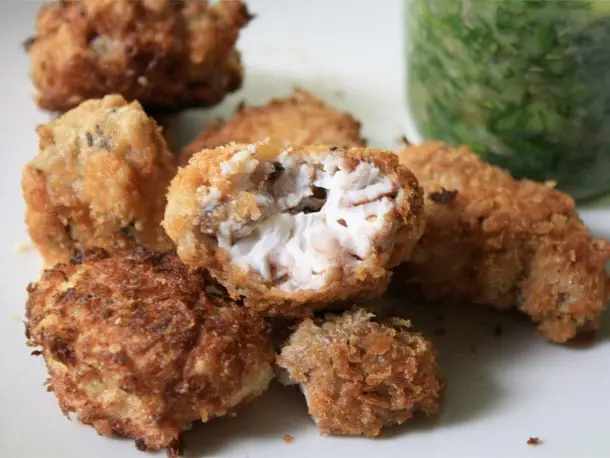 Fried beef brains in a pan