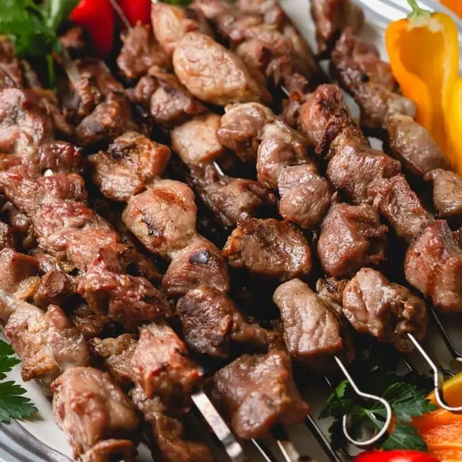 Lamb, beef or pork shashlik recipe. Calorie, chemical composition and nutritional value.