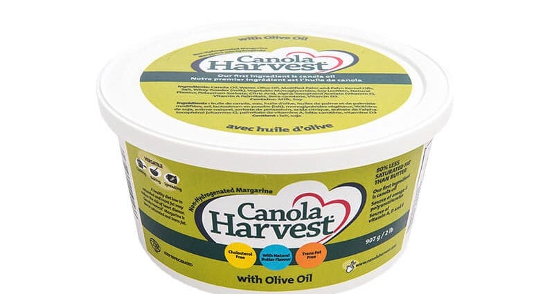 Margarine, CANOLA HARVEST “Soft Spread” (including canola, palm and palm oil), 80% fat, in plastic box