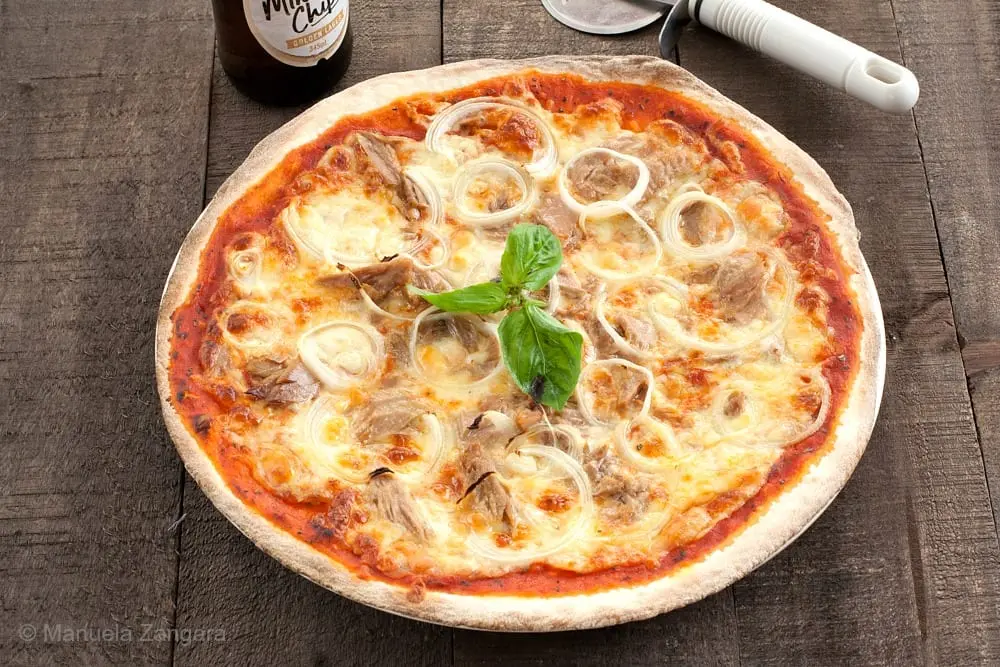 Pizza recipe with onions and cheese. Calorie, chemical composition and nutritional value.