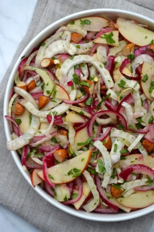 Recipe Apple and Onion Salad. Calorie, chemical composition and nutritional value.