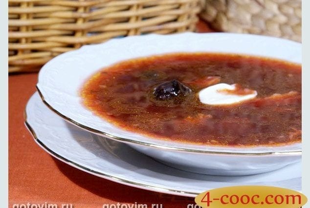 Recipe Borsch with prunes and mushrooms. Calorie, chemical composition and nutritional value.