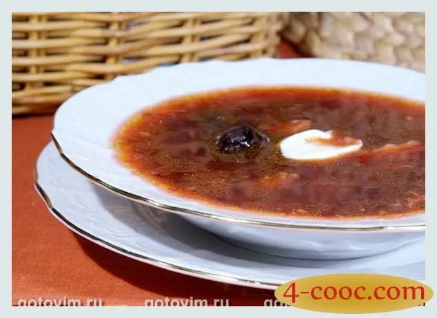 Recipe Borsch with prunes and mushrooms. Calorie, chemical composition and nutritional value.