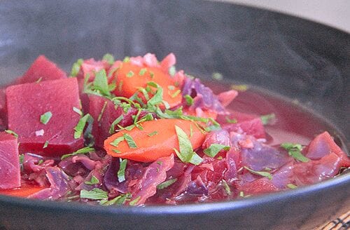 Recipe Cabbage stewed with beets. Calorie, chemical composition and nutritional value.