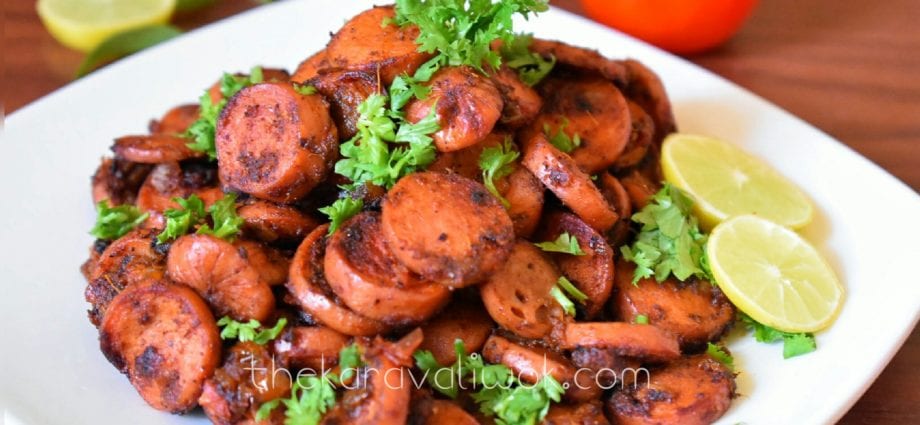 Recipe Chicken sausages with fried potatoes. Calorie, chemical composition and nutritional value.