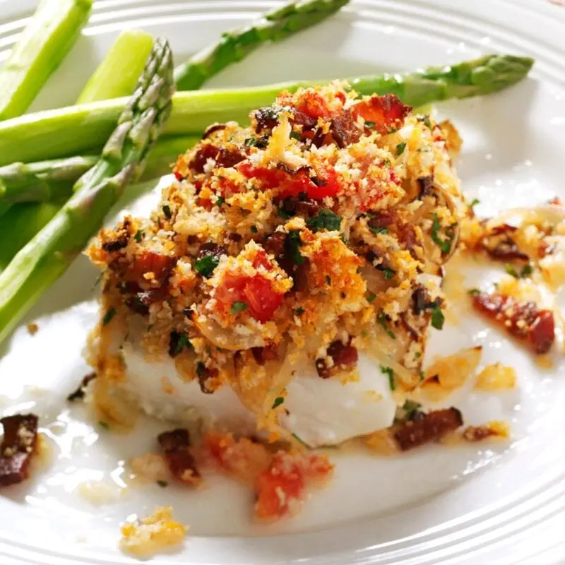 Recipe Fish baked with bacon. Calorie, chemical composition and nutritional value.