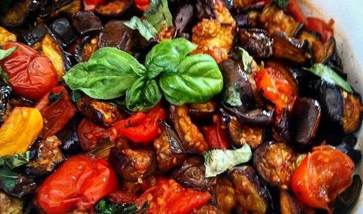 Recipe Fried tomatoes, eggplants and other vegetables. Calorie, chemical composition and nutritional value.