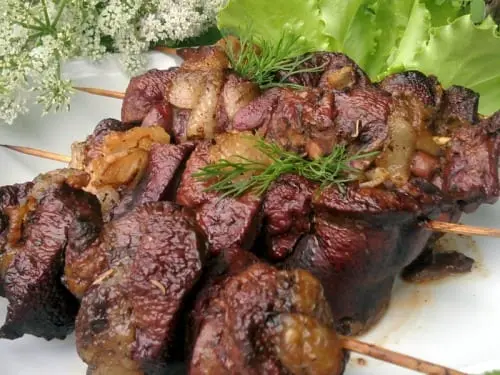 Recipe Jal-baur (liver shashlik is a Kabardino-Balkarian national dish). Calorie, chemical composition and nutritional value.