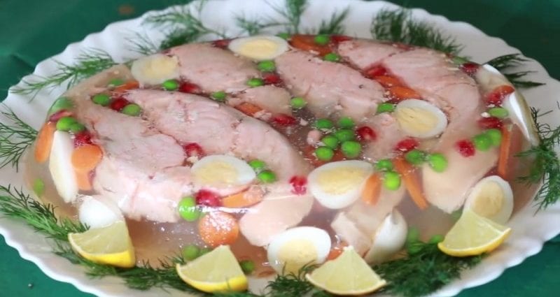 Recipe Jellied fish with garnish. Calorie, chemical composition and nutritional value.