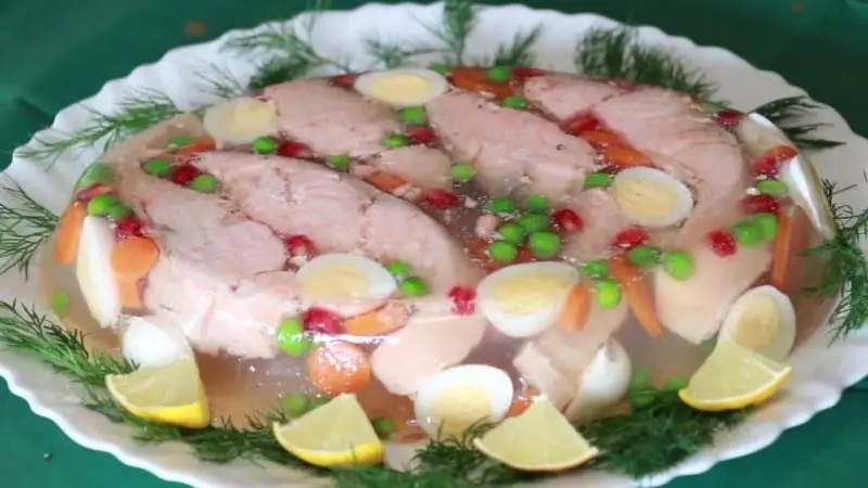 Recipe Jellied fish with garnish. Calorie, chemical composition and nutritional value.