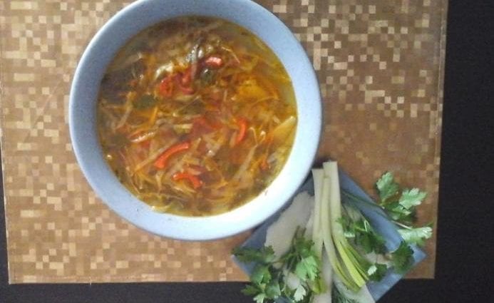 Recipe Kuban borsch with zucchini. Calorie, chemical composition and nutritional value.