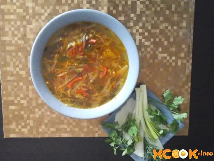 Recipe Kuban borsch with zucchini. Calorie, chemical composition and nutritional value.