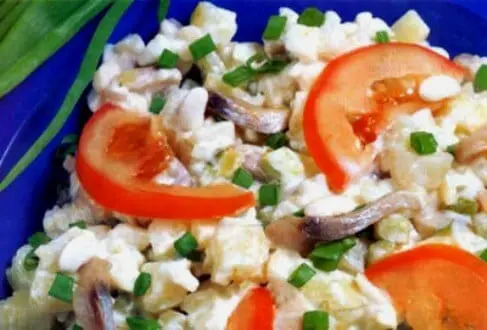 Recipe Mushroom Salad with Herring. Calorie, chemical composition and nutritional value.